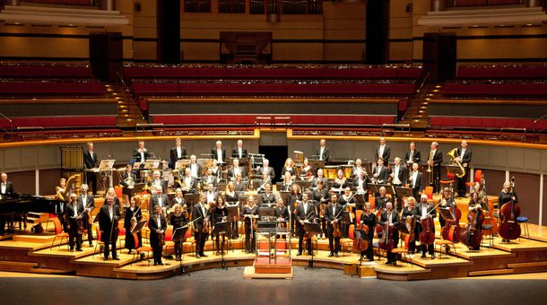 Royal Ballet Sinfonia playing on the stage at Symphony Hall, Birmingham