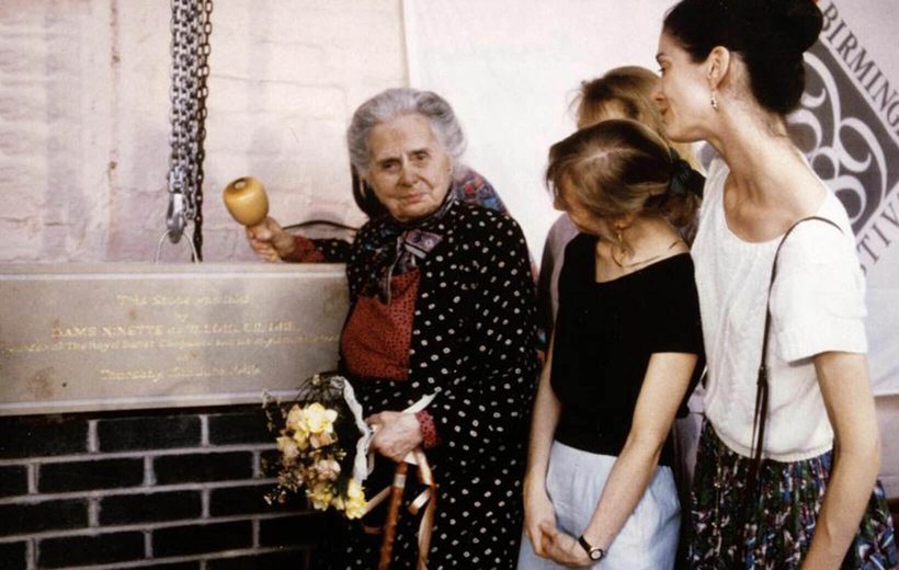 Dame Ninette de Valois, founder of the Royal Ballet companies, lays the foundation stone for BRB's new home in Birmingham in 1989