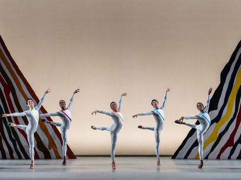 Dancers performing in The Seventh Symphony: (left to right) Mathias Dingman, Gabriel Anderson, Tzu-Chao Chou, Haoliang Feng and Eric Pinto Cata.