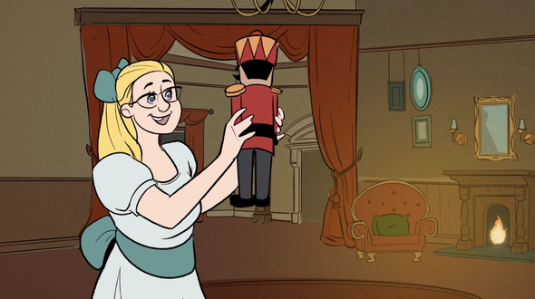 Cartoon drawing of a room in a big house. In the foreground you can see a girl in a pale blue dress with long blonde hair tied back on her head in a bow. She is holding a Nutcracker Doll in a red soldier uniform. In the background of the room is a fireplace with a roaring fire. Over that is a mirror flanked by candle sticks. There are paintings on the wall and rich red curtains around an opening into another room.