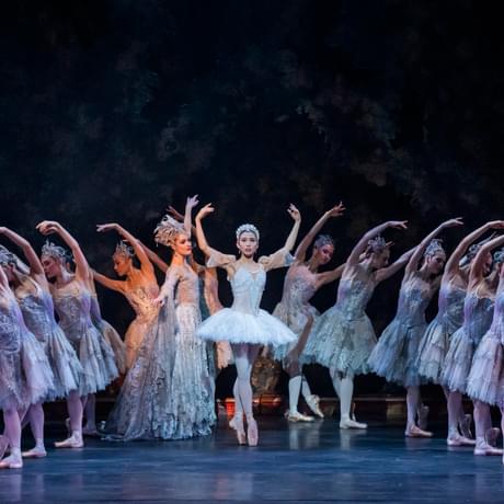 Yu Kurihara as Princess Aurora in The Sleeping Beauty, standing centrally with arms raised as the Lilac Fairy and other dancers stand on either side of Yu. Yu is en pointe, looking out to the audience, wearing a white tutu, white tights, pink pointe shoes and a silver tiara securing back Yu’s hair. Eilis Small as the Lilac Fairy is standing to the right of Yu, also with arms raised and is wearing an opulent lilac gown made of detailed lace and a headpiece made of flowers. There are six dancers standing either side of Yu, arching their arms outwards. They are all wearing knee-length lilac dresses, headdresses, tights and pink pointe shoes and stand out against the dark background.